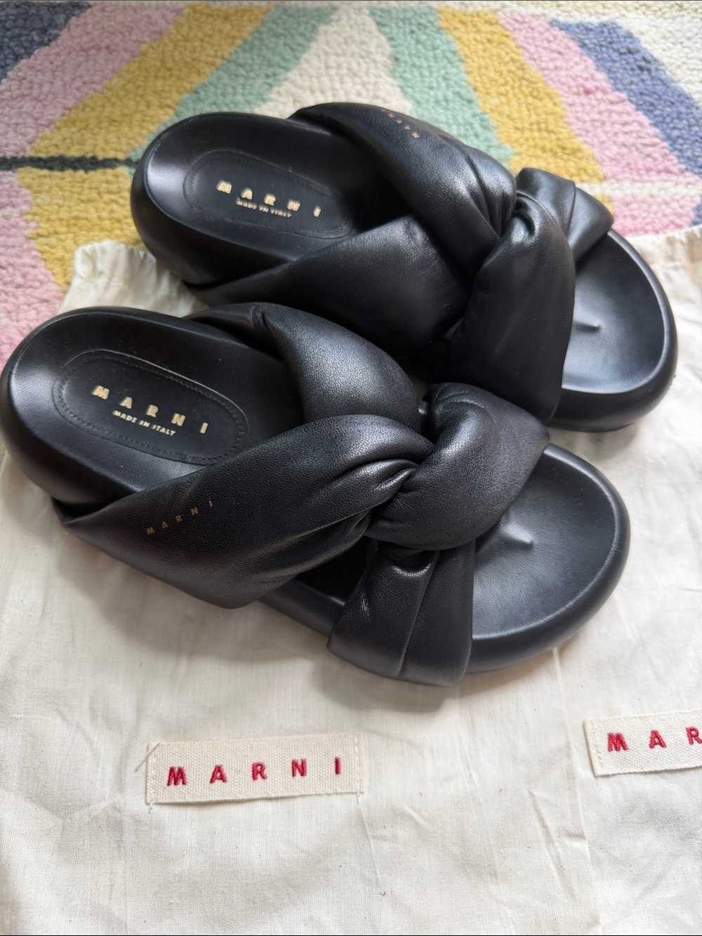 Marni Black Knotted Leather Slide Sandals